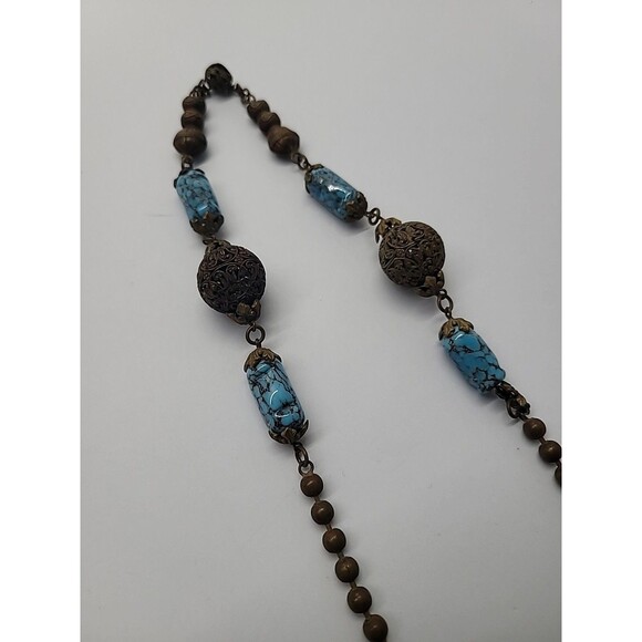 Vintage Boho Brass Filigree Necklace Blue Stone Beads Artisan Tribal Style Flaw - Picture 10 of 13